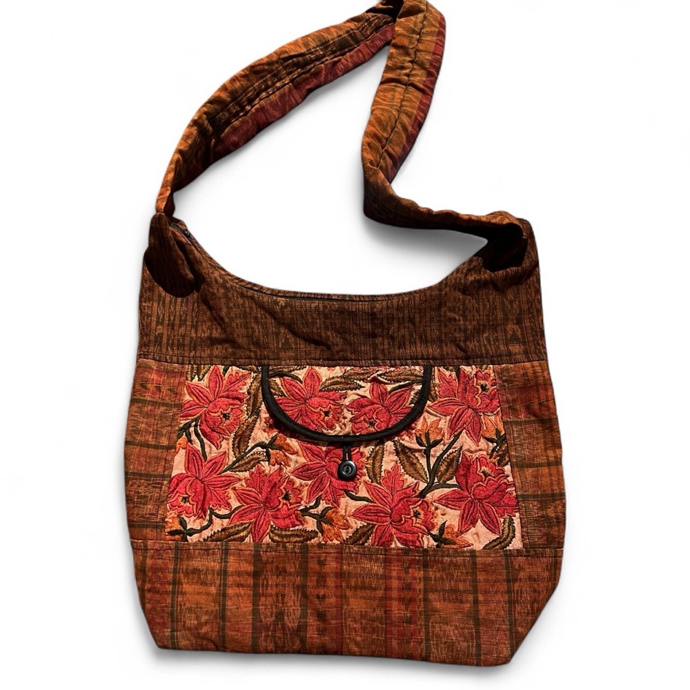 Handmade Boho Floral Embroidered Crossbody Bag Brown Red Patchwork Sling Purse